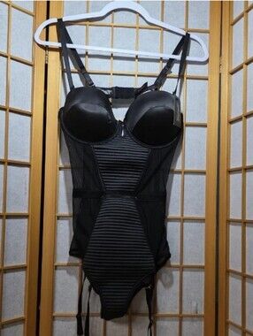 Frederick's of Hollywood Black Mesh & Satin Underwire Bodysuit